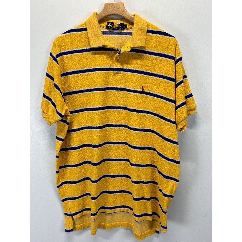Vtg Polo Ralph Lauren French Terry Polo Shirt Sz Large Mens Striped Made USA
